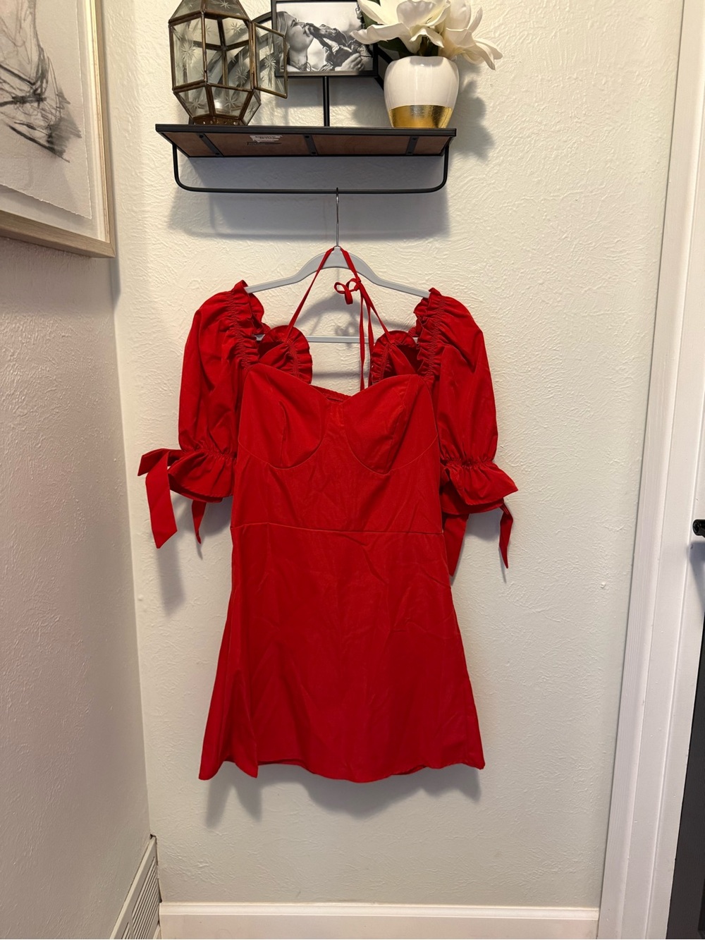 Red Puff Sleeve Mini Dress with Tie Details